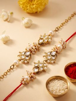 Karatcart - Gold Plated Pearl Handmade Kundan Bhaiya Bhabhi Rakhi Combo