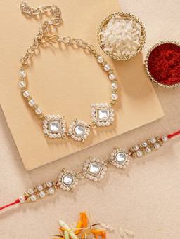Karatcart - Gold Plated Pearl Beaded Kundan Bhaiya Bhabhi Rakhi Combo