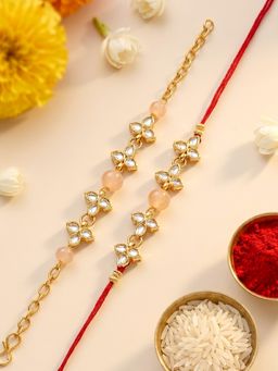 Karatcart - Gold Plated Peach Beads Handmade Kundan Bhaiya Bhabhi Rakhi Combo