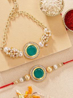Karatcart - Gold Plated Green Polki Kundan Bhaiya Bhabhi Rakhi Combo