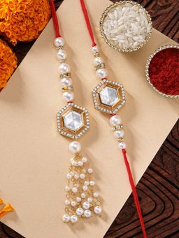 Karatcart - Gold Plated Pearl and Polki Kundan Handmade Bhaiya Bhabhi Rakhi Combo