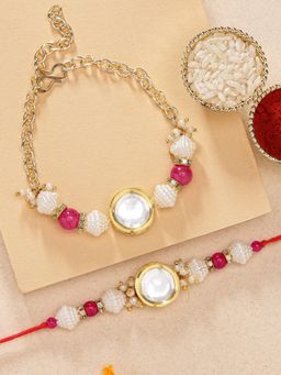 Karatcart - Gold Plated Pink Round Polki Kundan Bhaiya Bhabhi Rakhi Combo