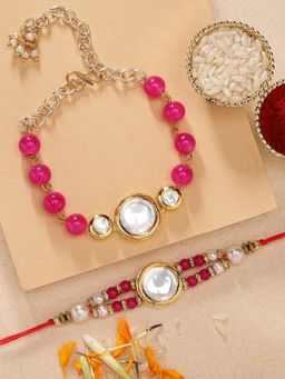 Karatcart - Gold Plated Pink Beads Round Polki Kundan Bhaiya Bhabhi Rakhi Combo