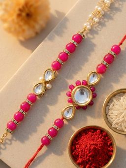 Karatcart - Gold Plated Pink Beads Polki Kundan Bhaiya Bhabhi Rakhi Combo