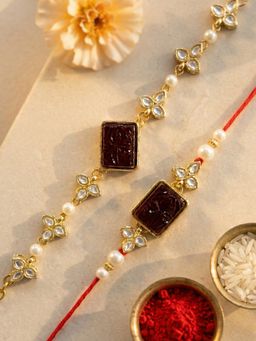 Karatcart - Gold Plated Red Carved Stone Kundan Handmade Bhaiya Bhabhi Rakhi Combo