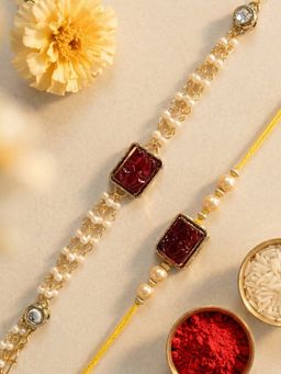 Karatcart - Gold Plated Red Carved Stone and Pearl Kundan Bhaiya Bhabhi Rakhi Combo