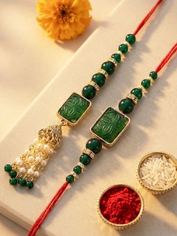Karatcart - Gold Plated Green Carved Stone Kundan Handmade Bhaiya Bhabhi Rakhi Combo