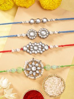 Karatcart - Rakhi for Brother Silver Plated Handmade Kundan Rakhi with Roli & Chawal