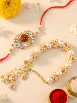 Karatcart - Gold Plated Handmade Kundan Bhaiya Bhabhi Rakhi Roli & Chawal Combo