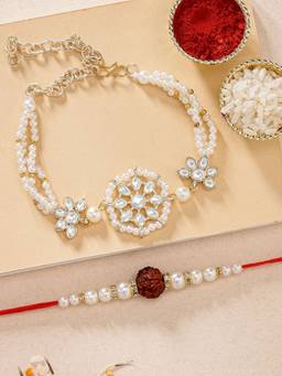 Karatcart - Gold Plated Handmade Kundan Bhaiya Bhabhi Rakhi Roli & Chawal Combo