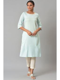 W - Blue Embroidered Kurta with Slim Pants (Set of 2)