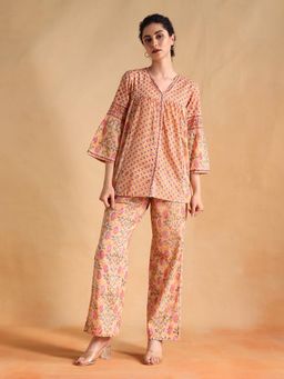 Jaipuri Banno - Womens Pure Cotton Printed Peach Co-Ord Set