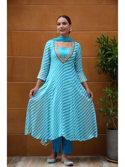 Jaipuri Banno - Womens Chinon Embroidered Blue Kurta Pant with Dupatta and Inner