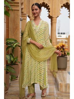 Jaipuri Banno - Womens Chinon Embroidered Green Kurta Pant with Dupatta and Inner