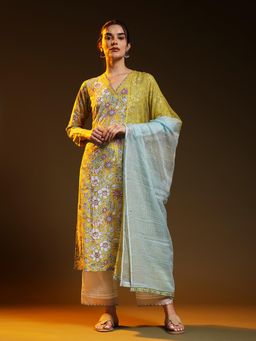 Jaipuri Banno - Womens Pure Cotton Floral Yellow Kurta with Palazzo and Dupatta