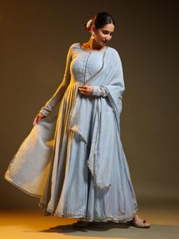 Jaipuri Banno - Womens Chanderi Silk Solid Blue Anarkali Kurta with Pant and Dupatta