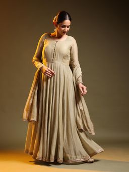 Jaipuri Banno - Womens Chanderi Silk Solid Olive Anarkali Kurta with Pant and Dupatta