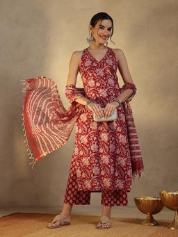 Jaipuri Banno - Womens Pure Cotton Floral Maroon Kurta with Palazzo and Dupatta