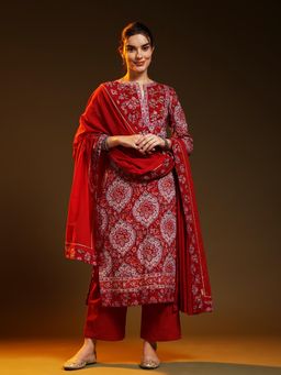Jaipuri Banno - Womens Pure Cotton Printed Red Kurta with Palazzo and Dupatta