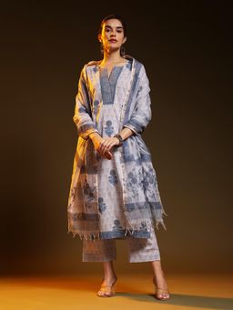 Jaipuri Banno - Womens Pure Cotton Floral Grey Kurta with Palazzo and Dupatta