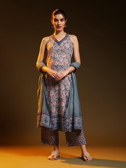 Jaipuri Banno - Womens Pure Cotton Printed Grey Kurta with Palazzo and Dupatta