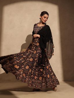 Jaipuri Banno - Womens Pure Cotton Floral Black Anarkali Kurta with Pant and Dupatta
