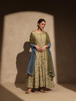 Jaipuri Banno - Womens Pure Cotton Floral Green Anarkali Kurta with Pant and Dupatta