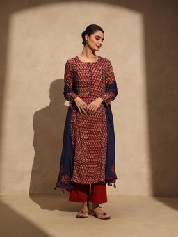 Jaipuri Banno - Womens Silk Printed Red Kurta with Palazzo and Dupatta