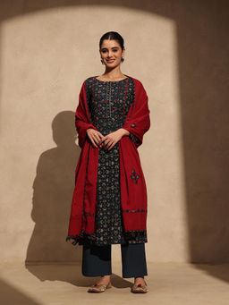 Jaipuri Banno - Womens Silk Printed Green Kurta with Palazzo and Dupatta