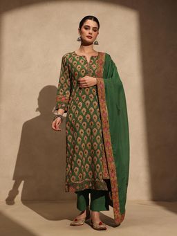 Jaipuri Banno - Womens Pure Cotton Printed Green Kurta with Pant and Dupatta