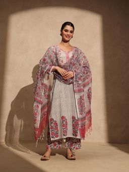 Jaipuri Banno - Womens Pure Cotton Stripes Grey Kurta with Palazzo and Dupatta