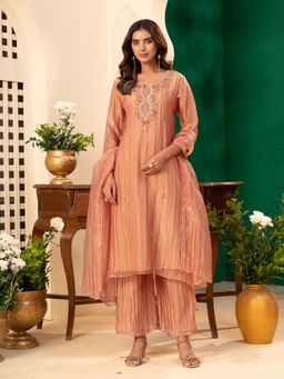 Label S4U - Womens Tissue Embroidered Copper Kurta with Palazzo and Dupatta