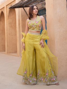 Label S4U - Womens Tissue Sequined Yellow Bustier with Palazzo and Dupatta