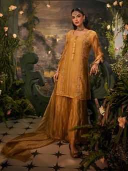 Label S4U - Womens Tissue Sequined Yellow Kurta with Palazzo and Dupatta