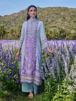 Label S4U - Womens Crepe Printed Blue Kurta with Palazzo and Dupatta