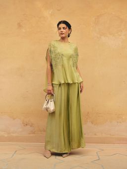 Maenaam - Womens Blended Sequined Green Top with Skirt and Inner