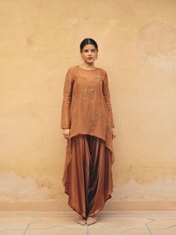 Maenaam - Womens Blended Sequined Brown Kurti with Dhoti Pant and Inner