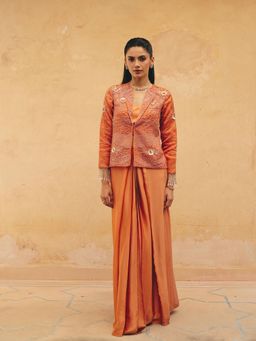 Maenaam - Womens Blended Sequined Orange Stitched Blouse with Blazer and Skirt