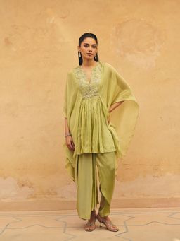 Maenaam - Womens Blended Sequined Green Kaftan with Dhoti Pant