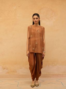 Maenaam - Womens Blended Sequined Brown Top with Dhoti Pant and Inner