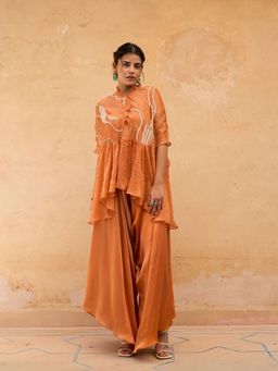 Maenaam - Womens Blended Sequined Orange Top with Palazzo and Inner