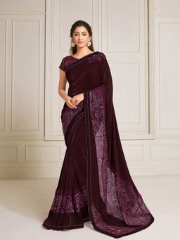 Odette - Wine Lycra Designer Saree with Unstitched Blouse