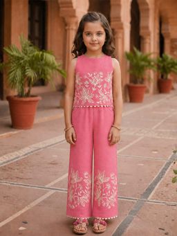 devils n angels - Girls Pink Cotton Embroidered Co-Ord Set