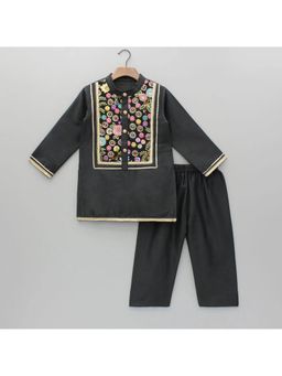 The Little Tales - Black Embroidery Kurta And Pyjama