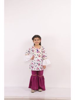 The Little Tales - White Printed Kurta With Sharara