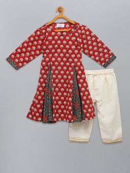 The Little Tales - Red Printed Godet Kurta With Pyjama