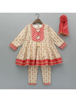 The Little Tales - Coral Anarkali Kurta And Printed With Dupatta