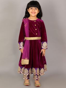 The Little Tales - Wine Velvet Embroidered Anarkali Kurta-Pant With Dupatta and Belt