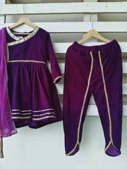 The Little Tales - Dark Purple Velvet Angrakha Kurta And Dhoti And Dupatta