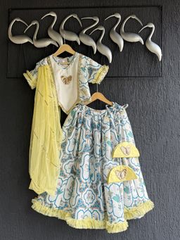 The Little Tales - Off White Butterfly Embellished Blouse And Lehenga With Dupatta